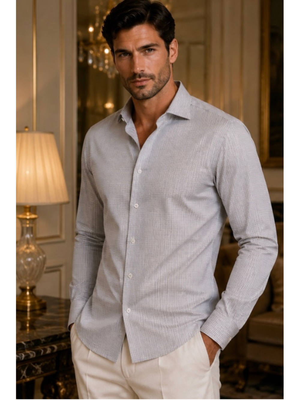 Men's Corneliani Dress Shirt, L 42 Neck 16.5, White and Grey Check